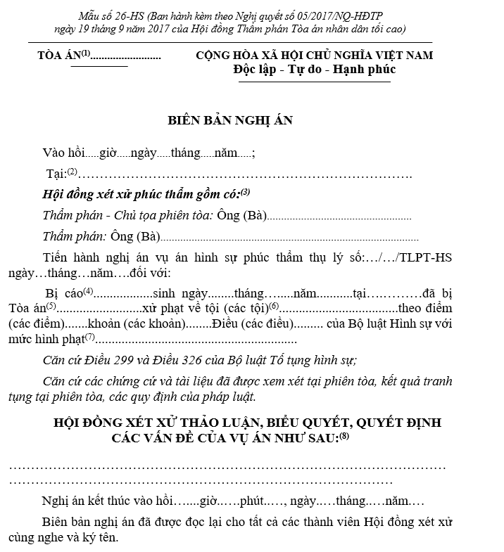 Mẫu biên bản nghị án phúc thẩm Mẫu biên bản nghị án phúc thẩm