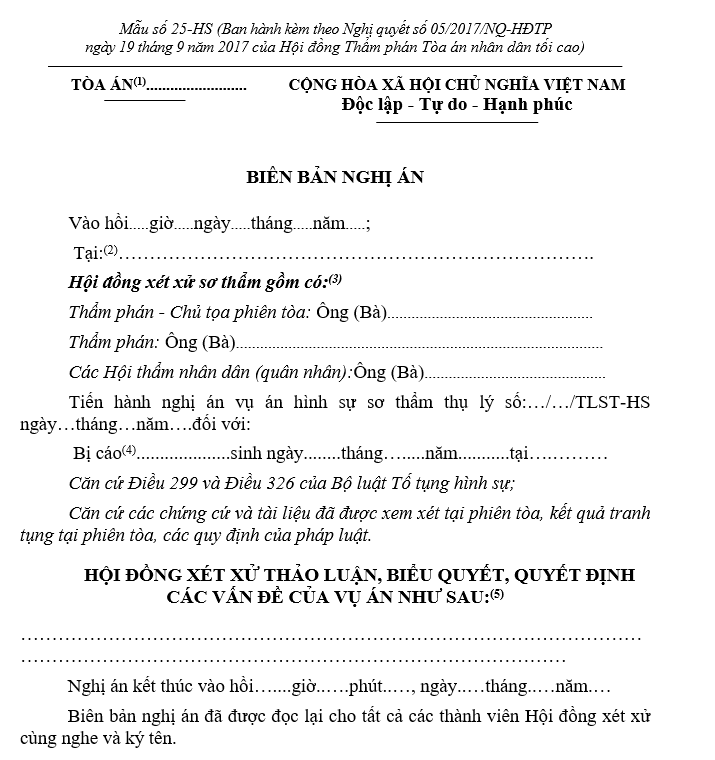 Mẫu biên bản nghị án sơ thẩm Mẫu biên bản nghị án sơ thẩm