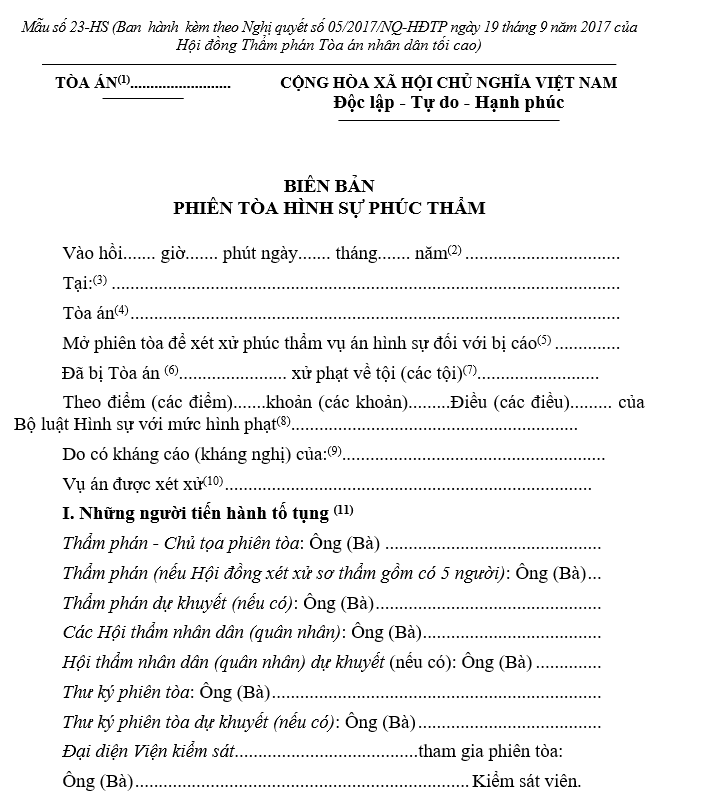 Mẫu biên bản phiên tòa hình sự phúc thẩm Mẫu biên bản phiên tòa hình sự phúc thẩm