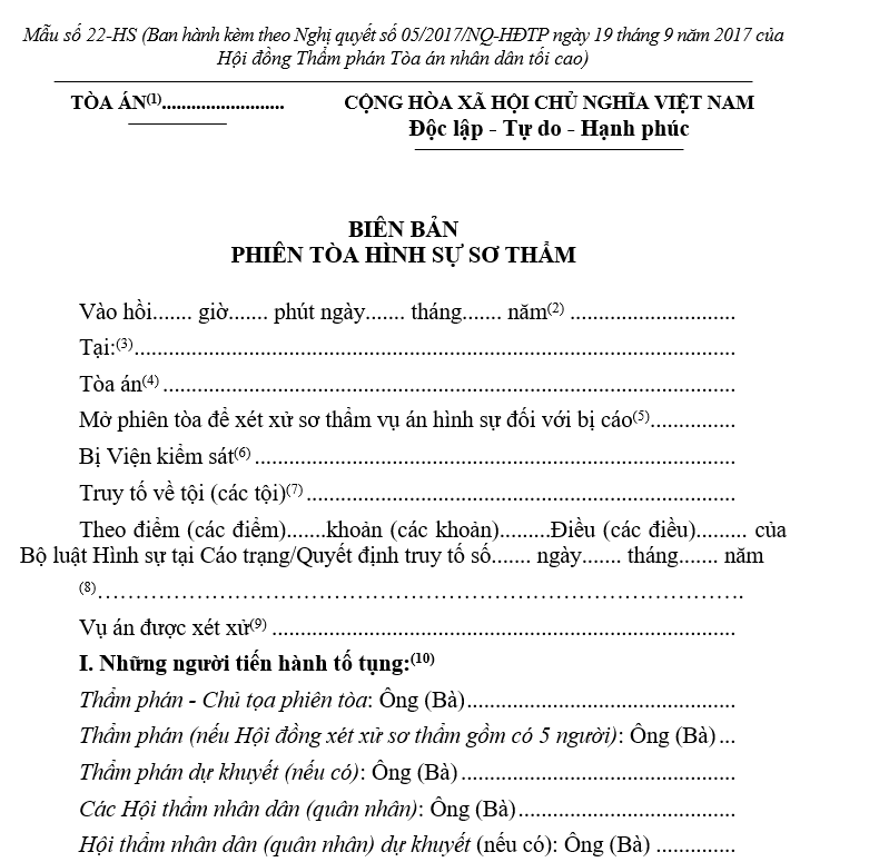 Mẫu biên bản phiên tòa hình sự sơ thẩm Mẫu biên bản phiên tòa hình sự sơ thẩm