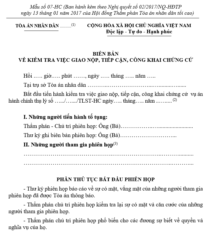 Mẫu biên bản về kiểm tra việc giao nộp, tiếp cận, công khai chứng cứ Mẫu biên bản về kiểm tra việc giao nộp, tiếp cận, công khai chứng cứ