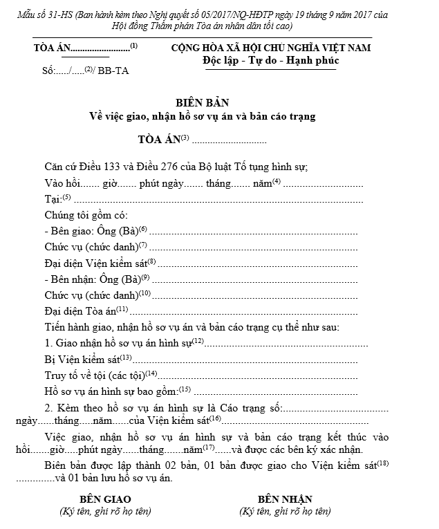 Mẫu biên bản về việc giao, nhận hồ sơ vụ án và bản cáo trạng Mẫu biên bản về việc giao, nhận hồ sơ vụ án và bản cáo trạng