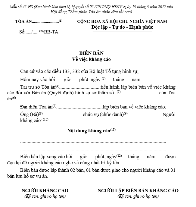 Mẫu biên bản về việc kháng cáo Mẫu biên bản về việc kháng cáo