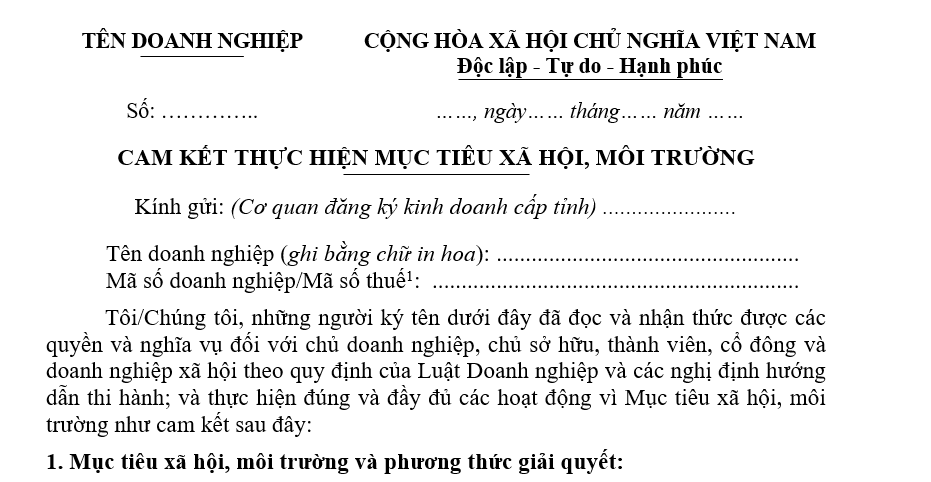 Mẫu cam kết thực hiện mục tiêu xã hội, môi trường Mẫu cam kết thực hiện mục tiêu xã hội, môi trường