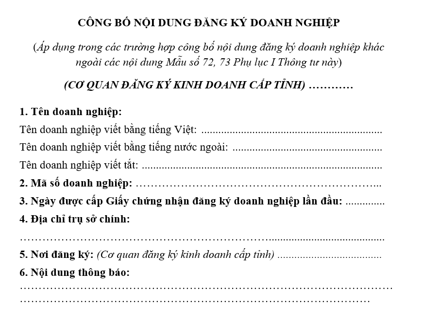 Mẫu công bố nội dung đăng ký doanh nghiệp Mẫu công bố nội dung đăng ký doanh nghiệp