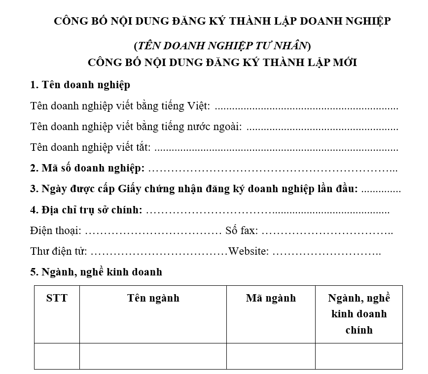 Mẫu công bố nội dung đăng ký thành lập doanh nghiệp Mẫu công bố nội dung đăng ký thành lập doanh nghiệp