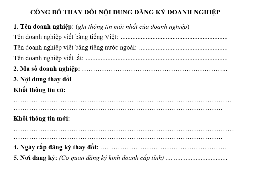 Mẫu công bố thay đổi nội dung đăng ký doanh nghiệp