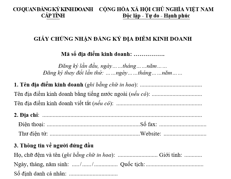 Mẫu giấy chứng nhận đăng ký địa điểm kinh doanh Mẫu giấy chứng nhận đăng ký địa điểm kinh doanh