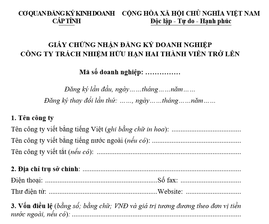Mẫu giấy chứng nhận đăng ký doanh nghiệp Công ty TNHH hai thành viên trở lên Mẫu giấy chứng nhận đăng ký doanh nghiệp Công ty TNHH hai thành viên trở lên