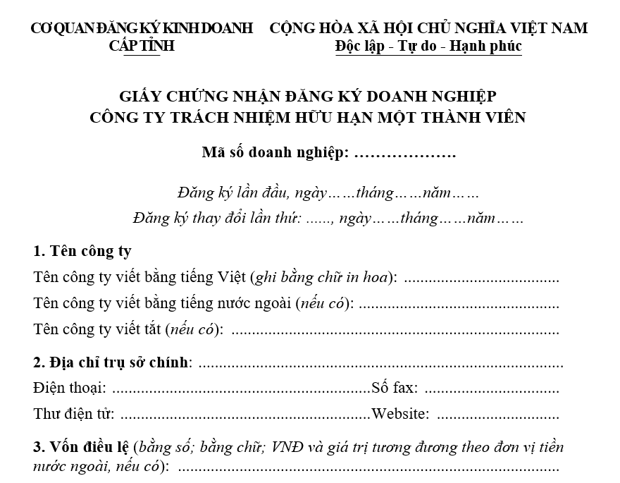 Mẫu giấy chứng nhận đăng ký doanh nghiệp Công ty TNHH một thành viên Mẫu giấy chứng nhận đăng ký doanh nghiệp Công ty TNHH một thành viên