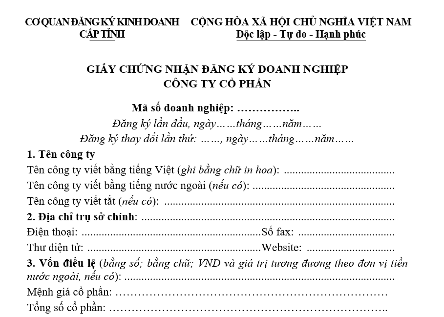 Mẫu giấy chứng nhận đăng ký doanh nghiệp Công ty cổ phần Mẫu giấy chứng nhận đăng ký doanh nghiệp Công ty cổ phần
