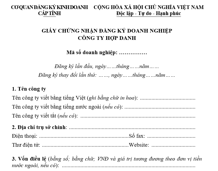 Mẫu giấy chứng nhận đăng ký doanh nghiệp Công ty hợp danh Mẫu giấy chứng nhận đăng ký doanh nghiệp Công ty hợp danh
