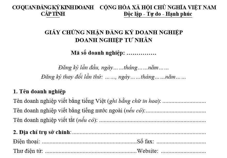 Mẫu giấy chứng nhận đăng ký doanh nghiệp Doanh nghiệp tư nhân Mẫu giấy chứng nhận đăng ký doanh nghiệp Doanh nghiệp tư nhân