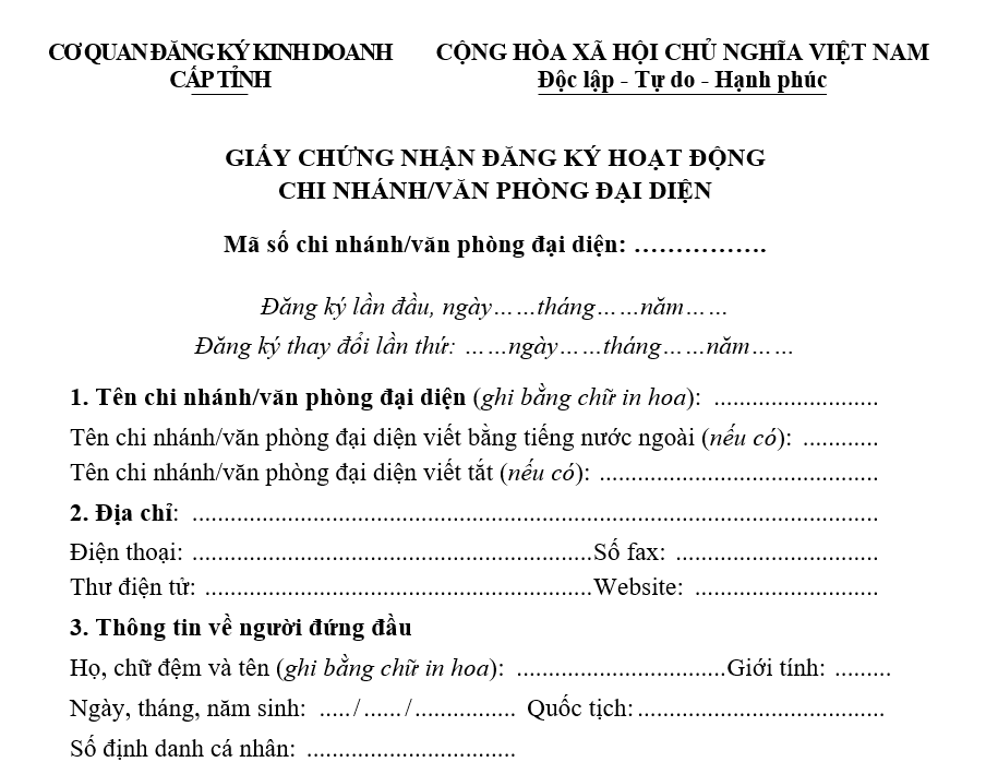 Mẫu giấy chứng nhận đăng ký hoạt động chi nhánh/ văn phòng đại diện Mẫu giấy chứng nhận đăng ký hoạt động chi nhánh/văn phòng đại diện