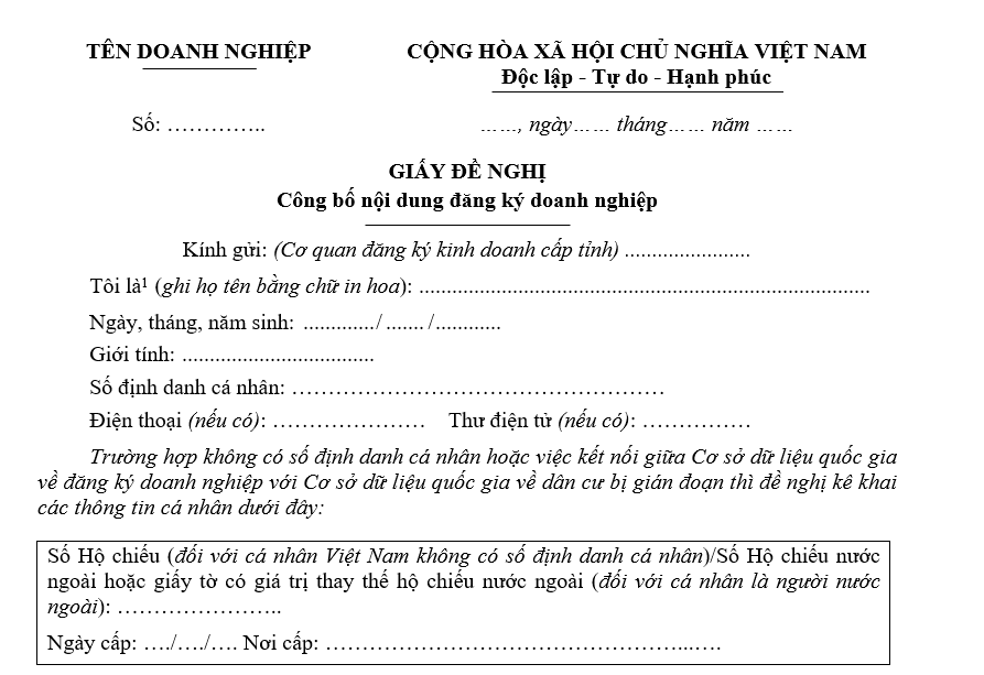 Mẫu giấy đề nghị công bố nội dung đăng ký doanh nghiệp Mẫu giấy đề nghị công bố nội dung đăng ký doanh nghiệp