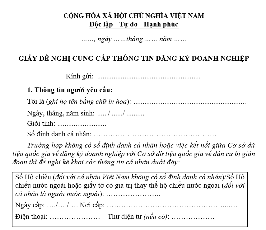 Mẫu giấy đề nghị cung cấp thông tin đăng ký doanh nghiệp Mẫu giấy đề nghị cung cấp thông tin đăng ký doanh nghiệp