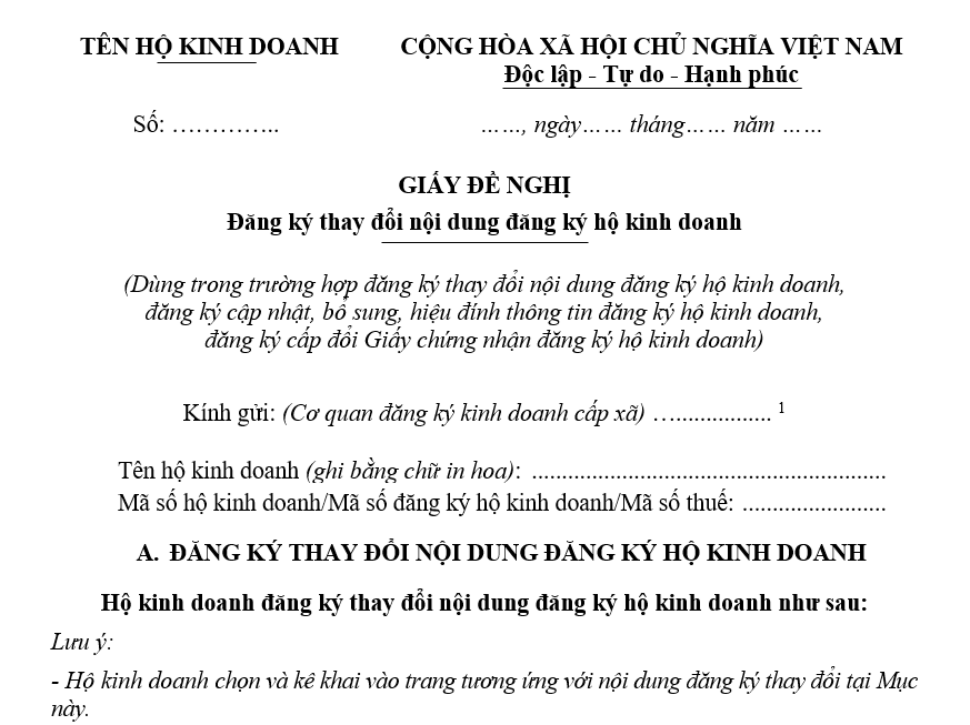 Mẫu giấy đề nghị đăng ký thay đổi nội dung đăng ký hộ kinh doanh Mẫu giấy đề nghị đăng ký thay đổi nội dung đăng ký hộ kinh doanh