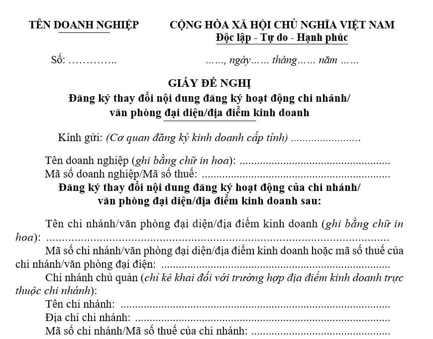 Mẫu giấy đề nghị đăng ký thay đổi nội dung đăng ký hoạt động chi nhánh/ văn phòng đại diện/ địa điểm kinh doanh Mẫu giấy đề nghị đăng ký thay đổi nội dung đăng ký hoạt động chi nhánh/ văn phòng đại diện/ địa điểm kinh doanh