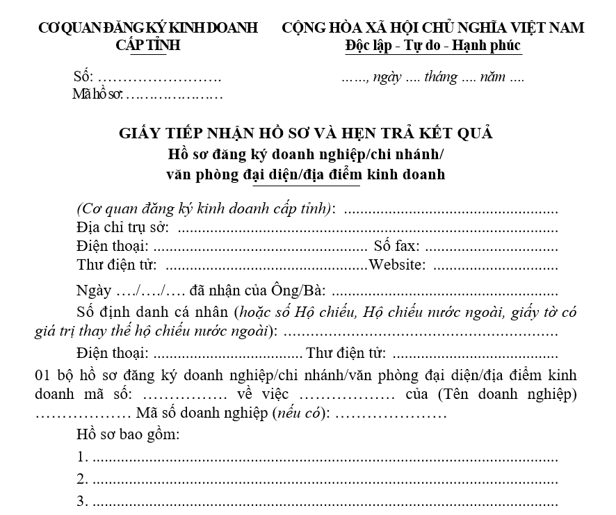Mẫu giấy tiếp nhận hồ sơ và hẹn trả kết quả hồ sơ đăng ký doanh nghiệp/chi nhánh/văn phòng đại diện/địa điểm kinh doanh Mẫu giấy tiếp nhận hồ sơ và hẹn trả kết quả hồ sơ đăng ký doanh nghiệp/chi nhánh/văn phòng đại diện/địa điểm kinh doanh