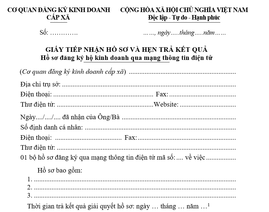 Mẫu giấy tiếp nhận hồ sơ và hẹn trả kết quả hồ sơ đăng ký hộ kinh doanh qua mạng thông tin điện tử Mẫu giấy tiếp nhận hồ sơ và hẹn trả kết quả hồ sơ đăng ký hộ kinh doanh qua mạng thông tin điện tử