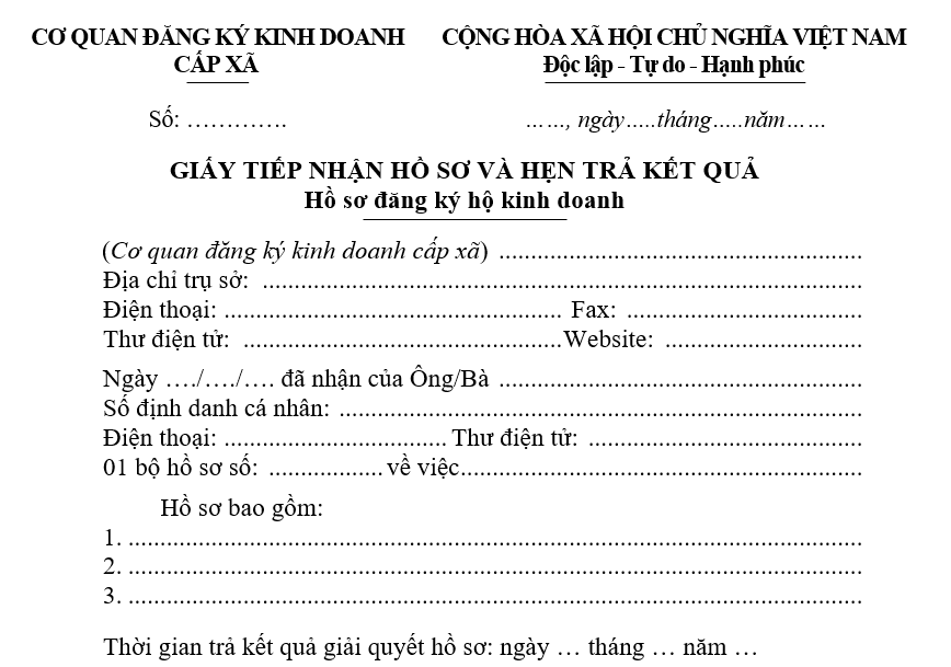 Mẫu giấy tiếp nhận hồ sơ và hẹn trả kết quả hồ sơ đăng ký hộ kinh doanh Mẫu giấy tiếp nhận hồ sơ và hẹn trả kết quả hồ sơ đăng ký hộ kinh doanh