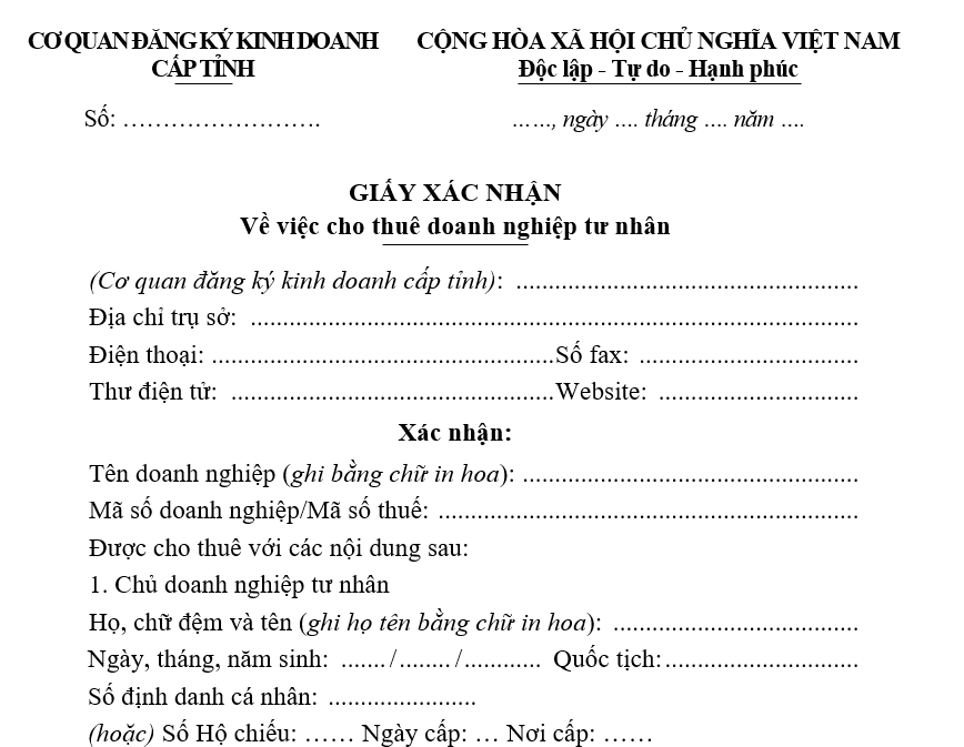 Mẫu giấy xác nhận về việc cho thuê doanh nghiệp tư nhân Mẫu giấy xác nhận về việc cho thuê doanh nghiệp tư nhân