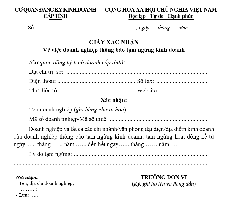 Mẫu giấy xác nhận về việc doanh nghiệp thông báo tạm ngừng kinh doanh Mẫu giấy xác nhận về việc doanh nghiệp thông báo tạm ngừng kinh doanh