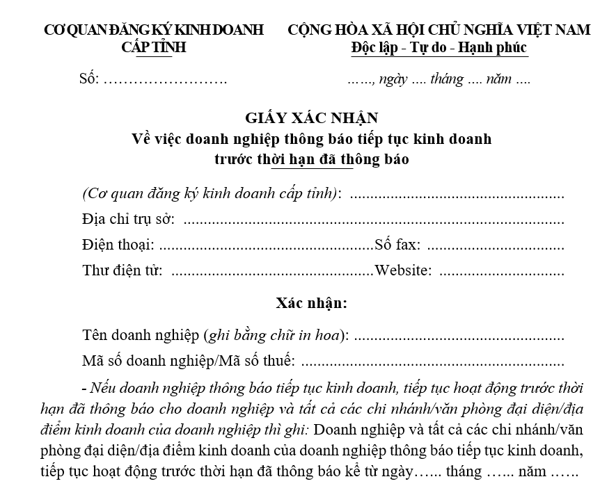 Mẫu giấy xác nhận về việc doanh nghiệp thông báo tiếp tục kinh doanh trước thời hạn đã thông báo Mẫu giấy xác nhận về việc doanh nghiệp thông báo tiếp tục kinh doanh trước thời hạn đã thông báo