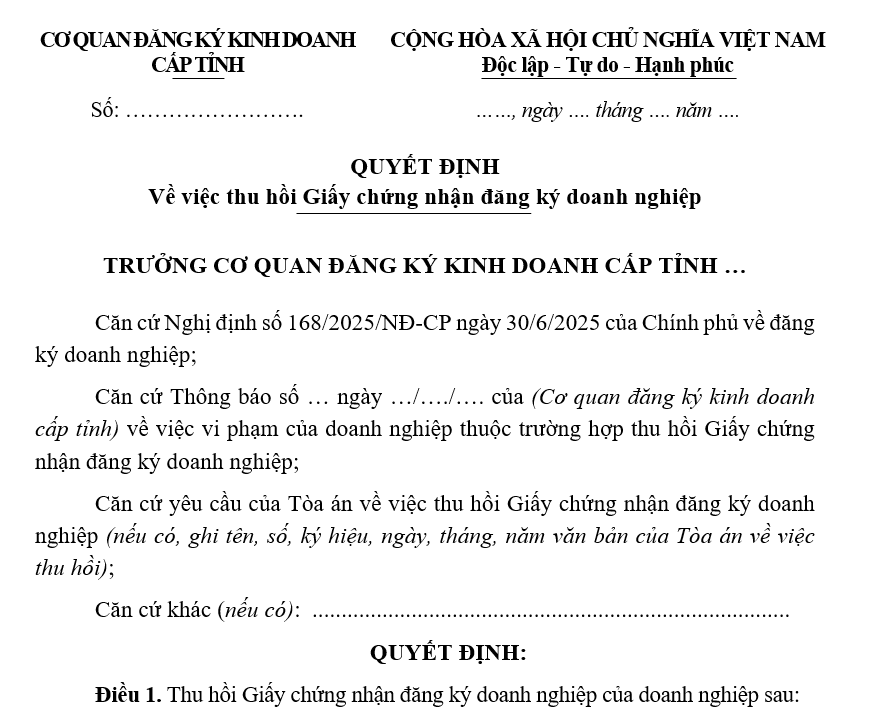 Mẫu quyết định về việc thu hồi Giấy chứng nhận đăng ký doanh nghiệp Mẫu quyết định về việc thu hồi Giấy chứng nhận đăng ký doanh nghiệp
