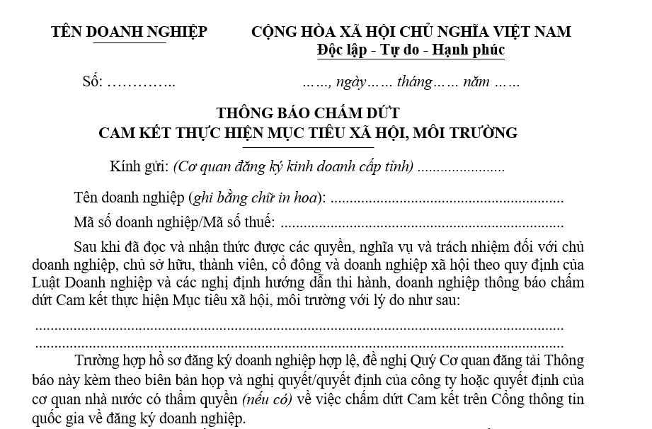 Mẫu thông báo chấm dứt cam kết thực hiện mục tiêu xã hội, môi trường Mẫu thông báo chấm dứt cam kết thực hiện mục tiêu xã hội, môi trường