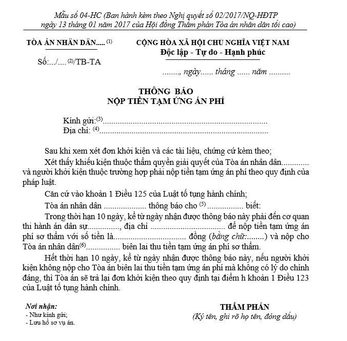 Mẫu thông báo nộp tiền tạm ứng án phí Mẫu thông báo nộp tiền tạm ứng án phí