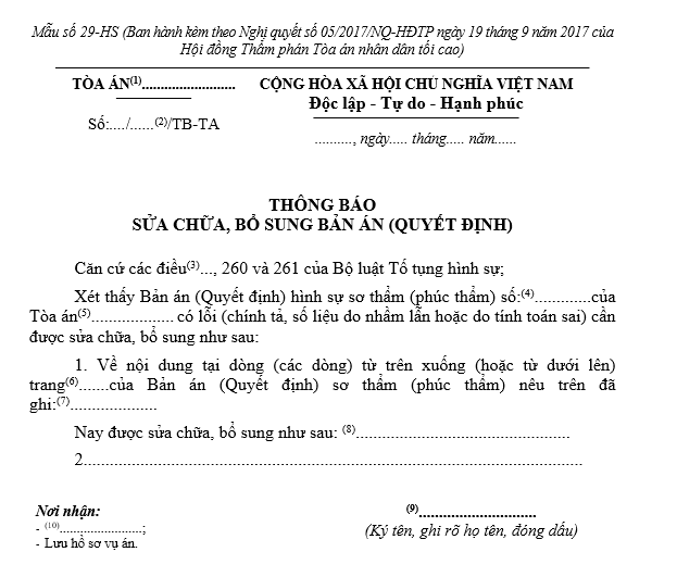 Mẫu thông báo sửa chữa, bổ sung bản án (quyết định) Mẫu thông báo sửa chữa, bổ sung bản án (quyết định)