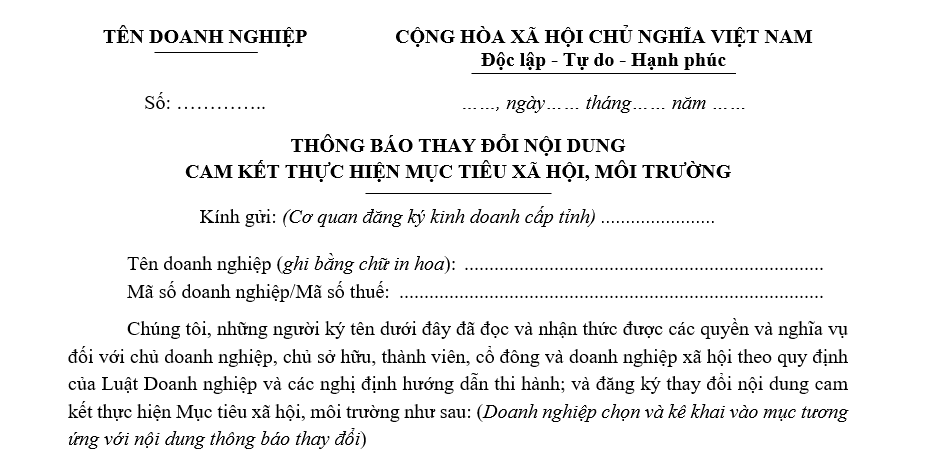 Mẫu thông báo thay đổi nổi dung cam kết thực hiện mục tiêu xã hội, môi trường Mẫu thông báo thay đổi nổi dung cam kết thực hiện mục tiêu xã hội, môi trường