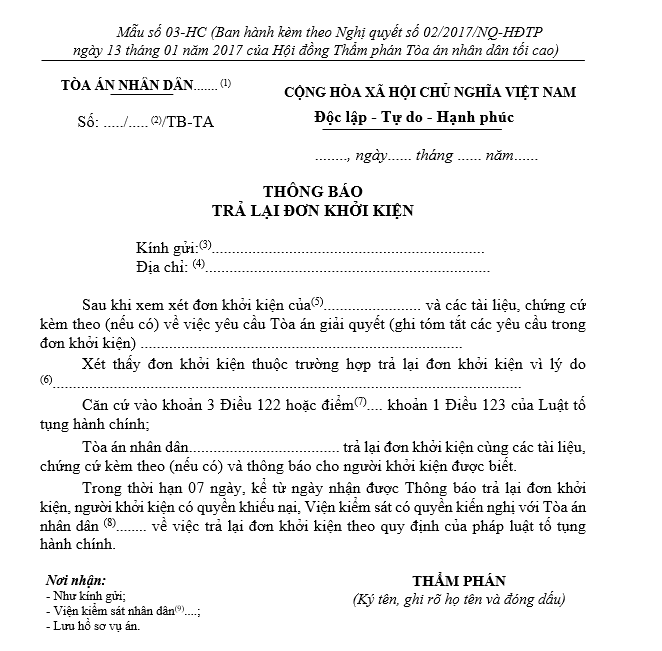 Mẫu thông báo trả lại đơn khởi kiện Mẫu thông báo trả lại đơn khởi kiện