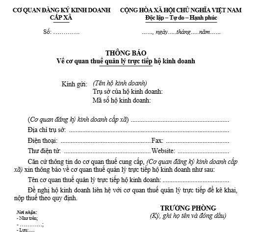 Mẫu thông báo về cơ quan thuế quản lý trực tiếp hộ kinh doanh Mẫu thông báo về cơ quan thuế quản lý trực tiếp hộ kinh doanh