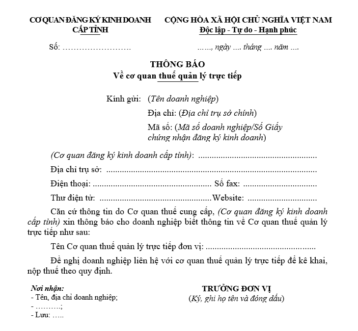 Mẫu thông báo về cơ quan thuế quản lý trực tiếp Mẫu thông báo về cơ quan thuế quản lý trực tiếp
