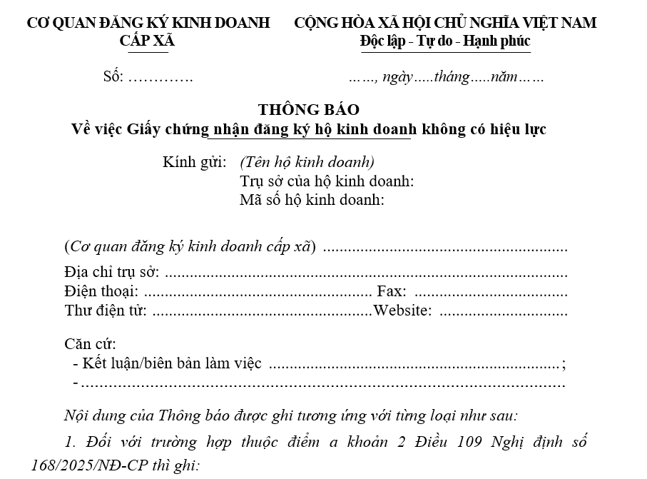 Mẫu thông báo về việc Giấy chứng nhận đăng ký hộ kinh doanh không có hiệu lực Mẫu thông báo về việc Giấy chứng nhận đăng ký hộ kinh doanh không có hiệu lực