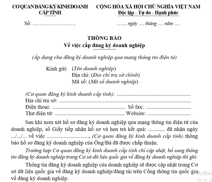 Mẫu thông báo về việc cấp đăng ký doanh nghiệp Mẫu thông báo về việc cấp đăng ký doanh nghiệp