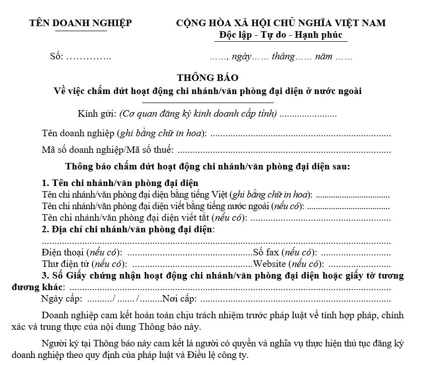 Mẫu thông báo về việc chấm dứt hoạt động chi nhánh/văn phòng đại diện ở nước ngoài Mau thong bao ve viec cham dut hoat dong chi nhanh van phong dai dien o nuoc ngoai