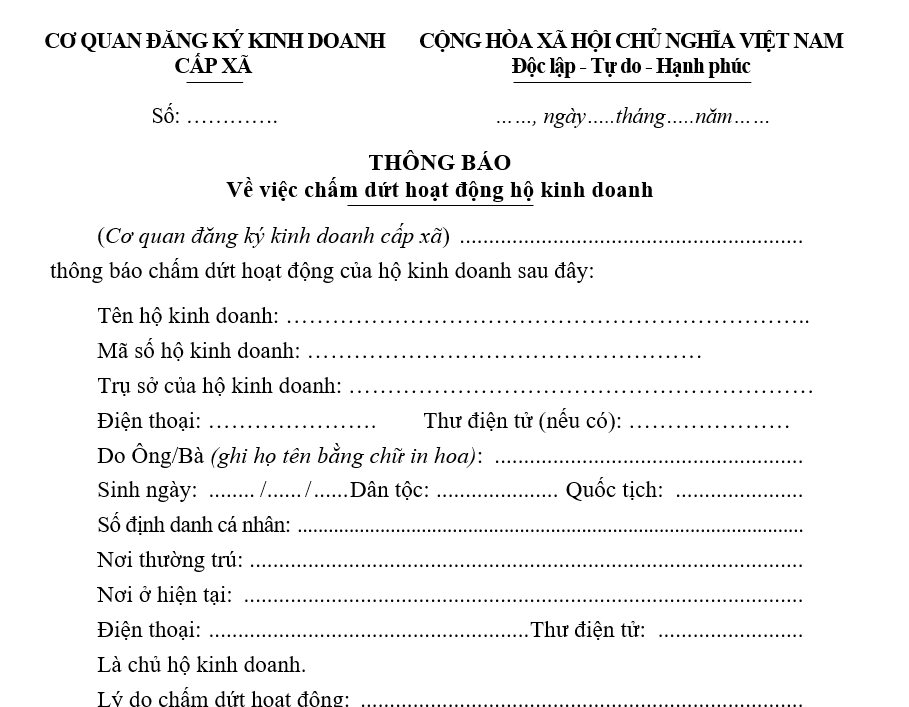 Mẫu thông báo về việc chấm dứt hoạt động hộ kinh doanh Mẫu thông báo về việc chấm dứt hoạt động hộ kinh doanh
