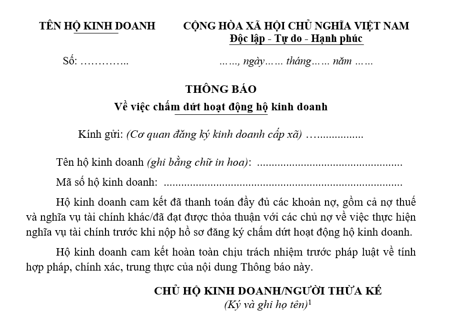 Mẫu thông báo về việc chấm dứt hoạt động hộ kinh doanh Mẫu thông báo về việc chấm dứt hoạt động hộ kinh doanh