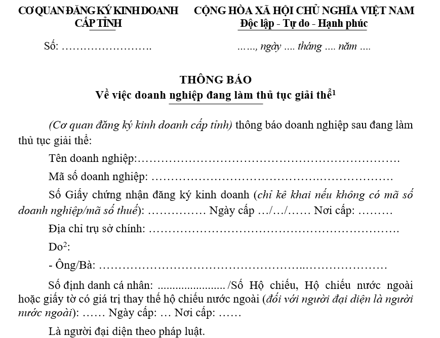 Mẫu thông báo về việc doanh nghiệp đang làm thủ tục giải thể Mẫu thông báo về việc doanh nghiệp đang làm thủ tục giải thể