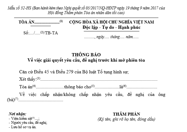 Mẫu thông báo về việc giải quyết yêu cầu, đề nghị trước khi mở phiên tòa Mẫu thông báo về việc giải quyết yêu cầu, đề nghị trước khi mở phiên tòa