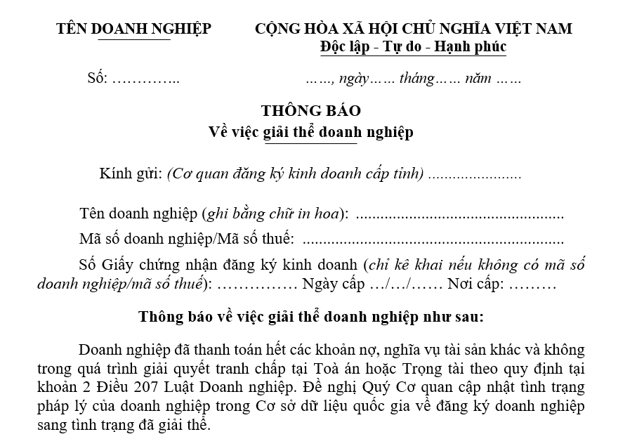 Mẫu thông báo về việc giải thể doanh nghiệp Mẫu thông báo về việc giải thể doanh nghiệp