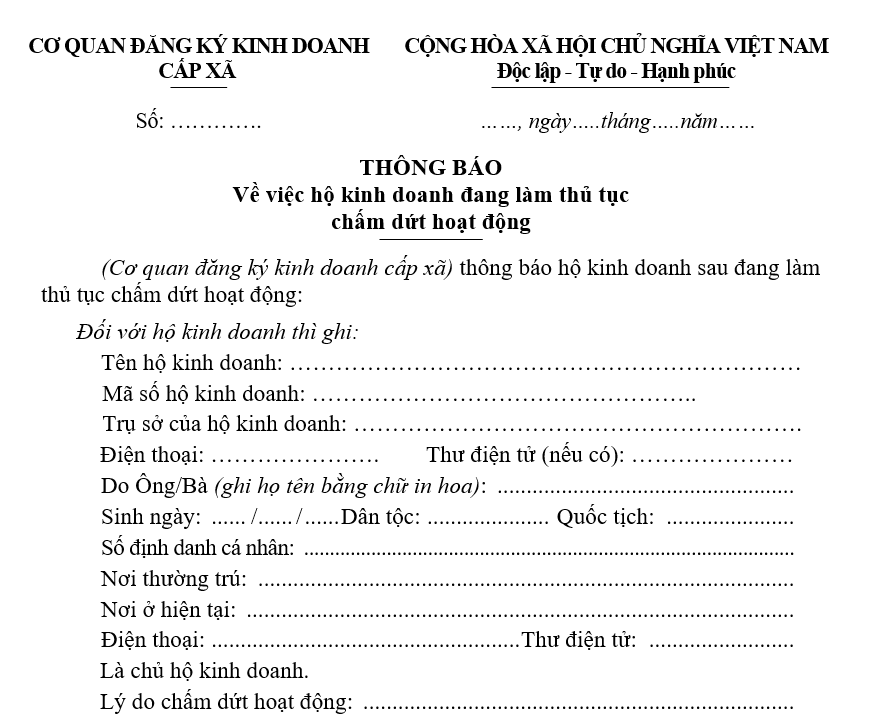 Mẫu thông báo về việc hộ kinh doanh đang làm thủ tục chấm dứt hoạt động Mẫu thông báo về việc hộ kinh doanh đang làm thủ tục chấm dứt hoạt động