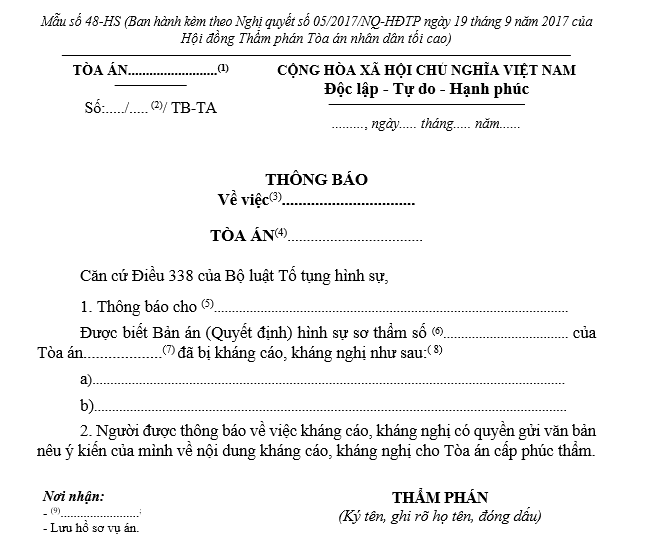 Mẫu thông báo về việc kháng cáo (kháng nghị) Mẫu thông báo về việc kháng cáo (kháng nghị)