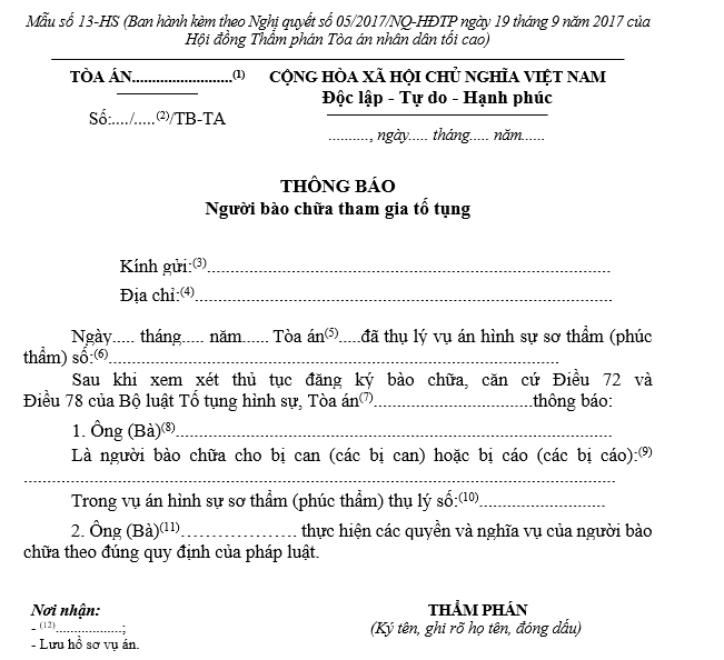 Mẫu thông báo về việc người bào chữa tham gia tố tụng Mẫu thông báo về việc người bào chữa tham gia tố tụng