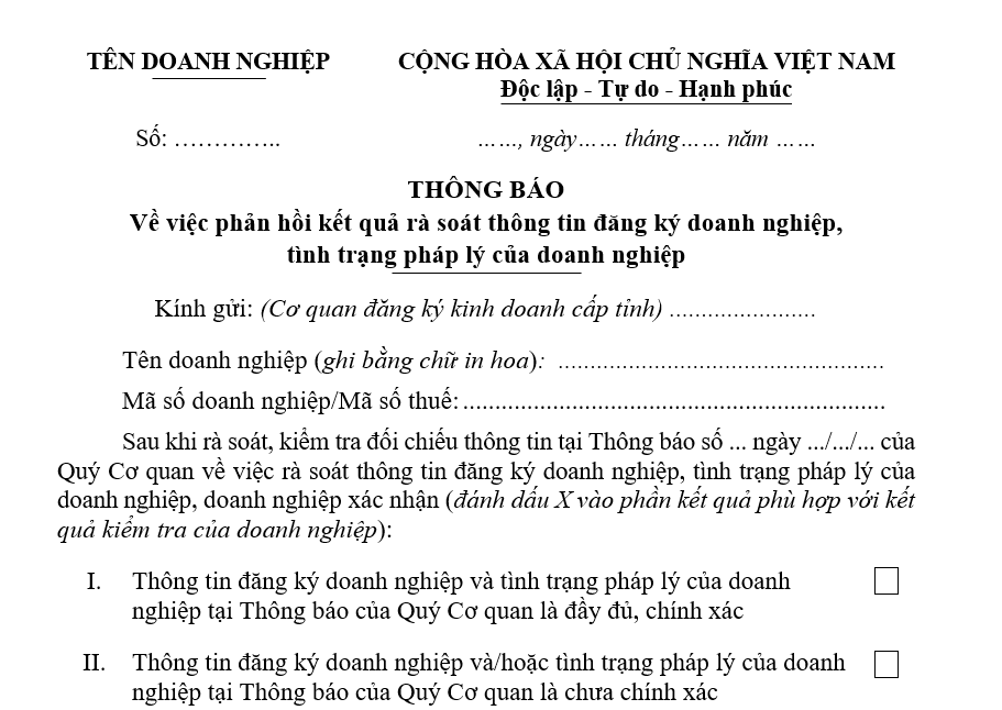 Mẫu thông báo về việc phản hồi kết quả rà soát thông tin đăng ký doanh nghiệp, tình trạng pháp lý của doanh nghiệp Mẫu thông báo về việc phản hồi kết quả rà soát thông tin đăng ký doanh nghiệp, tình trạng pháp lý của doanh nghiệp