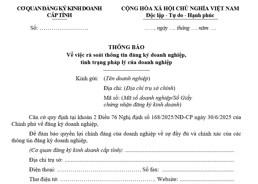 Mẫu thông báo về việc rà soát thông tin đăng ký doanh nghiệp, tình trạng pháp lý của doanh nghiệp Mau thong bao ve viec ra soat thong tin dang ky doanh nghiep tinh trang phap ly cua doanh nghiep