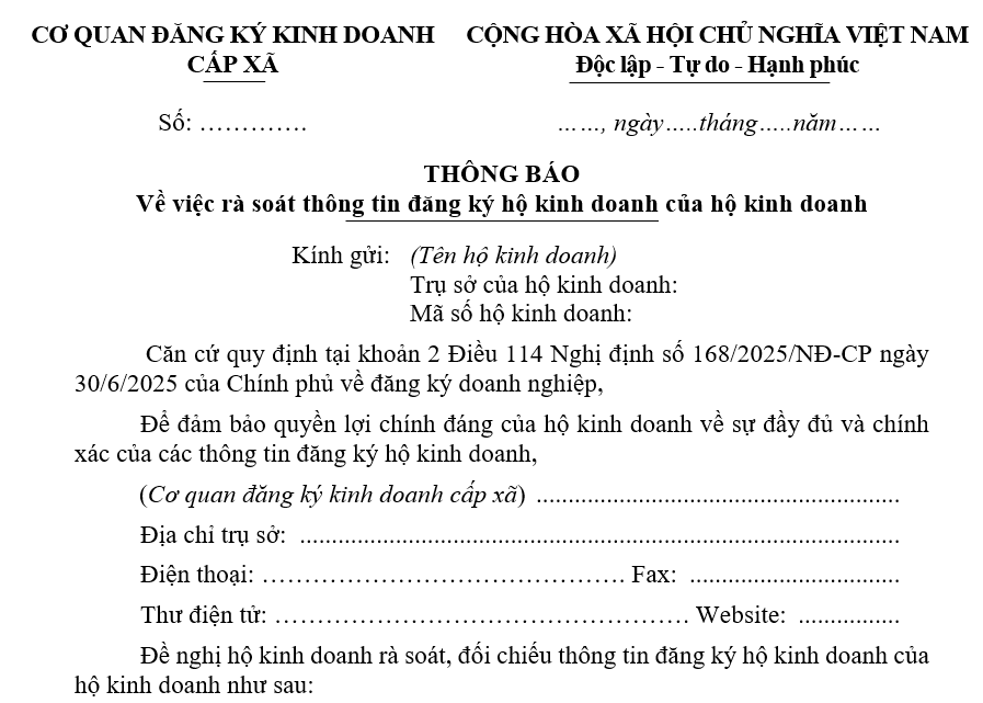Mẫu thông báo về việc rà soát thông tin đăng ký hộ kinh doanh của hộ kinh doanh Mẫu thông báo về việc rà soát thông tin đăng ký hộ kinh doanh của hộ kinh doanh